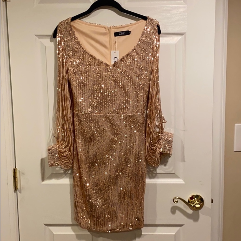 Tassels Detail Slit Sleeve Sequin Party Dress